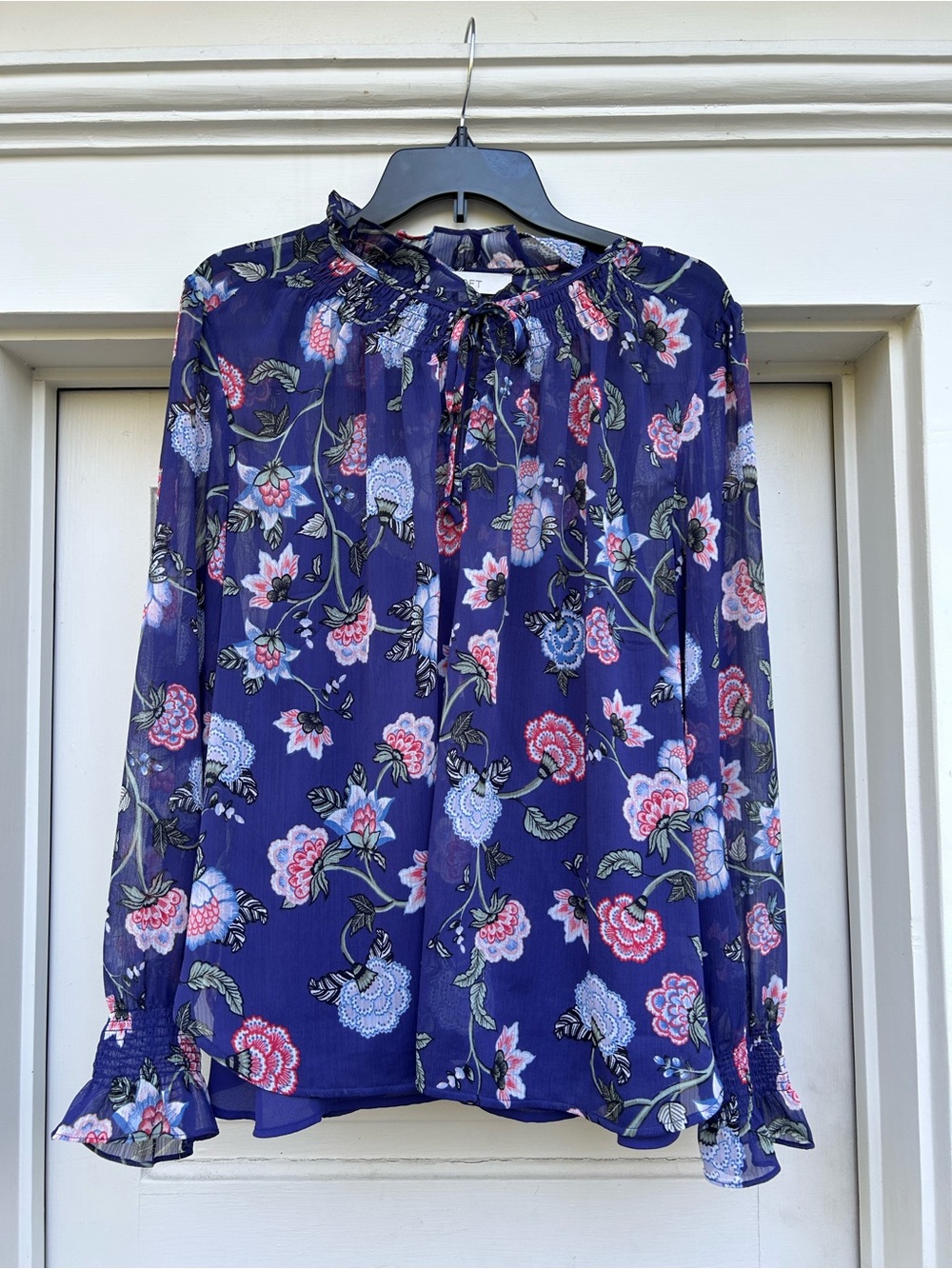 LOFT Navy Blue Floral Tie-Neck Blouse